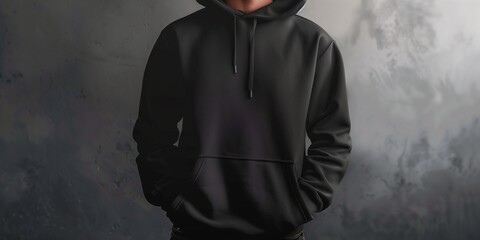 A black hoodie is displayed on a grey background - Powered by Adobe