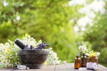 Homeopathy and herbal medicine concept outdoors - obrazy, fototapety, plakaty