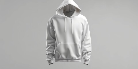 A white hoodie is displayed on a grey background