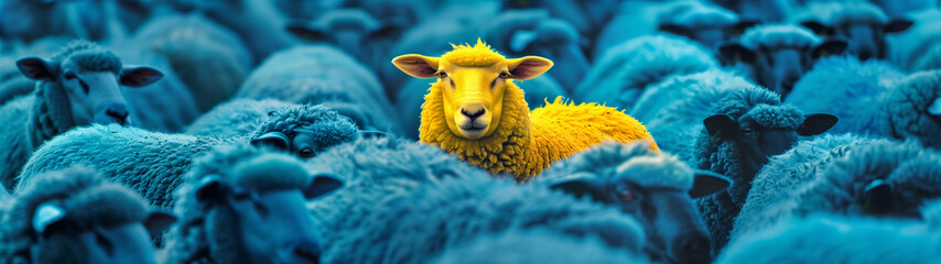 A vibrant yellow sheep stands out in a crowd of identical blue sheep, symbolizing individuality, uniqueness, and the courage to be different, created with generative AI technology