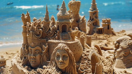 Fototapeta premium Sandcastles sculpted with intricate details, standing proudly against the backdrop of the ocean