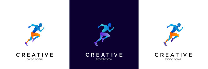 Running Man silhouette Logo with Finish ribbon, Marathon logo template, running club or sports club