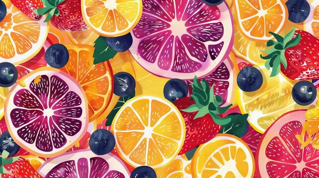 Graphic design for a juice bar menu featuring a vibrant fruit pattern background with overlapping fruit slices, ideal for attracting attention and enhancing visual appeal