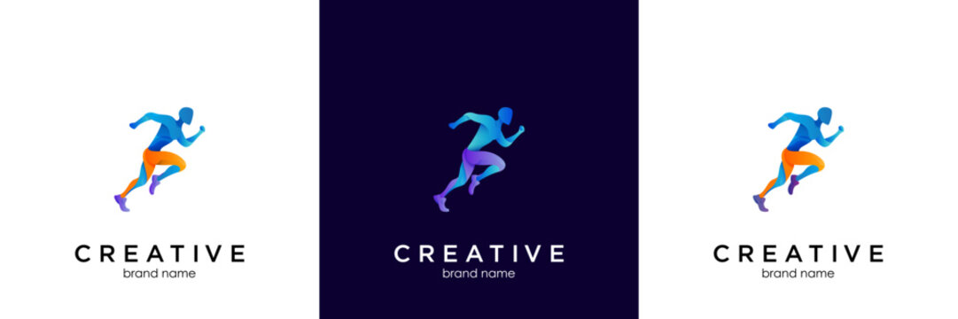 Running Man silhouette Logo with Finish ribbon, Marathon logo template, running club or sports club