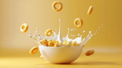 Obraz na płótnie Canvas Ring cereals or cheerios with milk splashing. Isolated 3D food element on a pale yellow background.