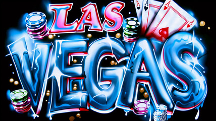 LAS VEGAS - graffiti inscription with chrome effect. Spray painted tag, street art design. Wallpaper and background resource.