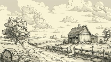 Hand-drawn illustration in engraving style of rural farm scenery.