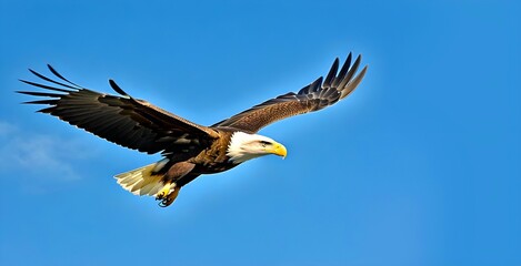 Fototapeta premium An eagle bird is flyer with a blue background sky