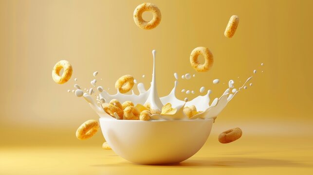 Ring cereals or cheerios with milk splashing. Isolated 3D food element on a pale yellow background.