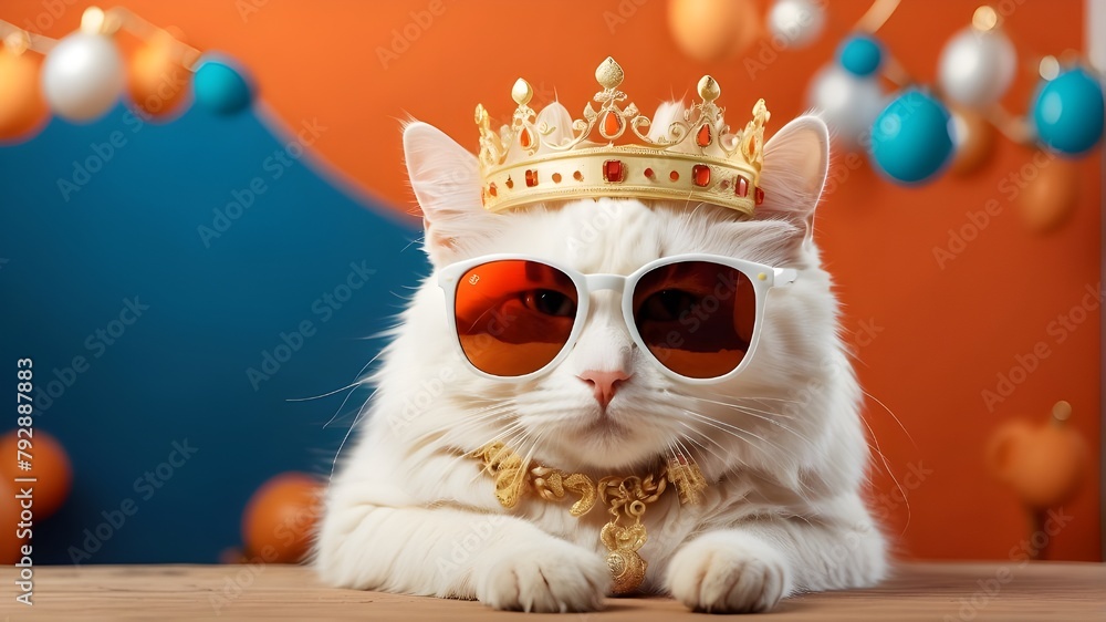 Wall mural Funny white cat on an orange background with a golden crown and sunglasses. The Dutch concept of celebrating Kingsday. Banner with text area