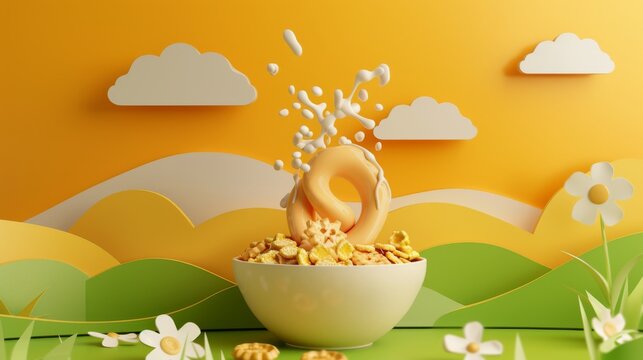 Printed paper cut farm landscape silhouette background. Breakfast concept using 3D ring cereal ad template. Bowl of cereal with pouring milk splashes.