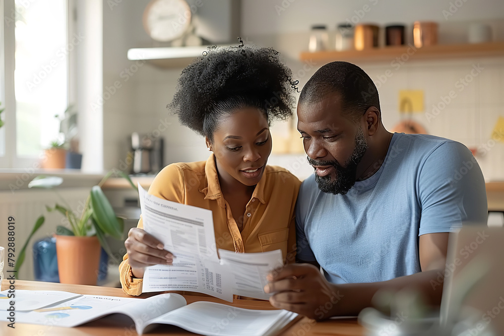 Poster A couple reviews their positive home equity statement - their faces alight with the financial gains pushing them towards long-term goals