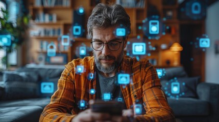In this image we see a man operating a mobile smartphone with 5G icons flowing on a virtual screen, connected from around the world. We see the Internet of Things concept in action. - obrazy, fototapety, plakaty