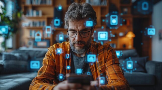 In this image we see a man operating a mobile smartphone with 5G icons flowing on a virtual screen, connected from around the world. We see the Internet of Things concept in action.
