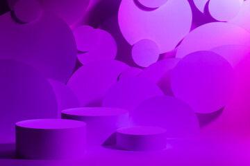 Abstract scene for presentation cosmetic products mockup - three round podiums in gradient pink purple violet glowing light, circles flying as decor. Template for showing in futuristic vr neon style.