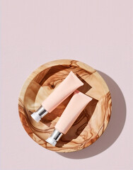 Closeup cream tubes in a wooden dish. Cosmetics, products for care and personal hygiene concept. Minimalistic packing, branding. 