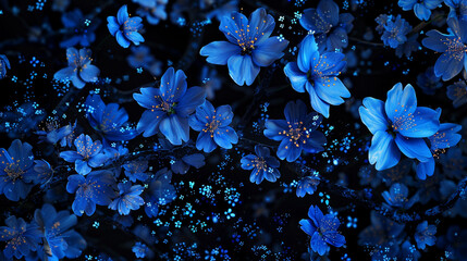 Neon blue cherry blossoms scatter across a canvas of midnight black, fleeting moments of beauty in the digital spring. - obrazy, fototapety, plakaty