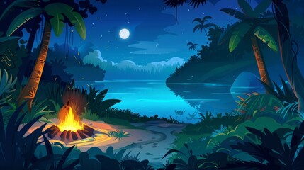 Nighttime campfire in the jungle, dark rainforest landscapes with trees, path, and a smoldering fire on shore, modern cartoon illustration.