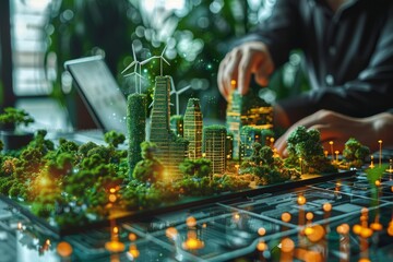 Close up of hands pointing at model green building and wind turbines on a table with business people working in an office