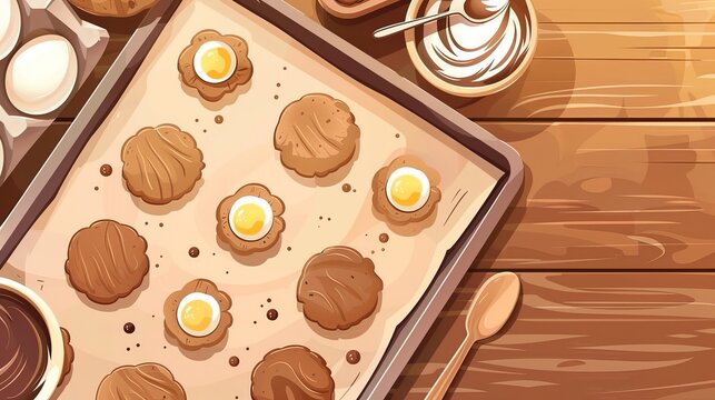 Kitchen tabletop with cookies on a baking sheet with eggs, dough, chocolate, spoons and melted chocolate, modern cartoon illustration.