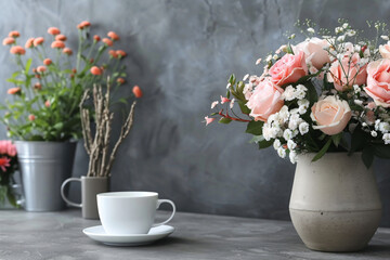 Pink roses and orange flowers in ceramic vases with a white cup on a gray textured background....