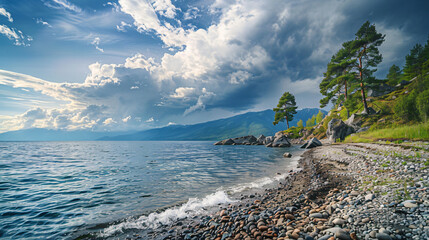 Beautiful shore of Baikal lake cloud over the water. -