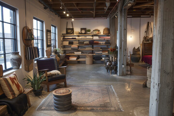 Artisanal loft studio showcasing handcrafted furniture, textiles, and ceramics.