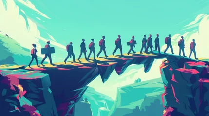 Fotobehang Concept of teamwork, cooperation, communication, partnership with people as they carry pieces of cliff to build a bridge. Modern flat illustration. © Mark