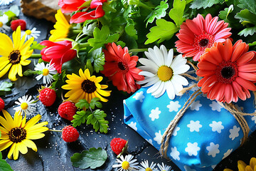 Colorful flowers and gift wrapped in blue paper with strawberries on a dark textured background. Flat lay composition with copy space. Celebration and gifting concept