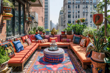 Boho rooftop terrace adorned with vibrant textiles, low-slung seating, and an abundance of potted plants. - obrazy, fototapety, plakaty
