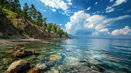 Beautiful shore of Baikal lake cloud over the water. -