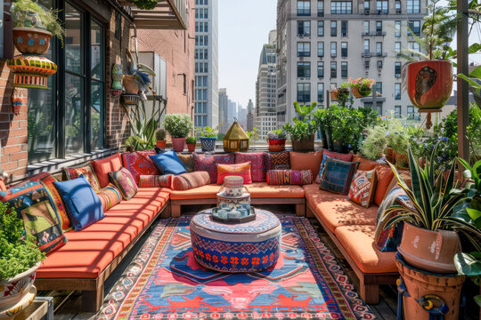 Boho rooftop terrace adorned with vibrant textiles, low-slung seating, and an abundance of potted plants.