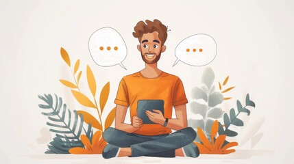 Artificial Intelligence technology concept, chatbot assistant. Casual man relaxing and chatting with bot on mobile smart phone app with speech bubble. - obrazy, fototapety, plakaty