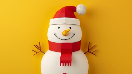Snowman illustration with red scarf and hat on yellow background in paper art style.