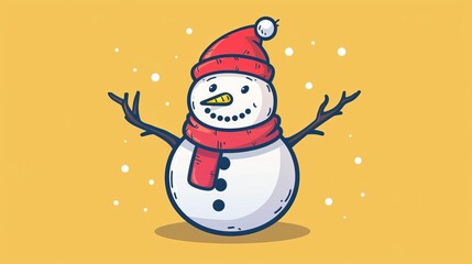 Hand-drawn big snowman on a yellow background with a red muffler and hat, and arms made out of branches.
