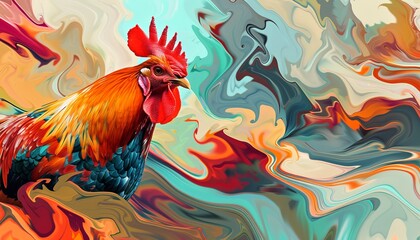 imagine a dynamic composition featuring a cartoon rooster head atop a human body, engaged in a spirited run