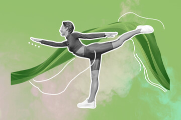 3D photo collage composite trend artwork image of young attractive lady do flight pose stretching...