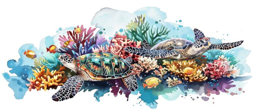 A watercolor painting of two sea turtles swimming over a coral reef.