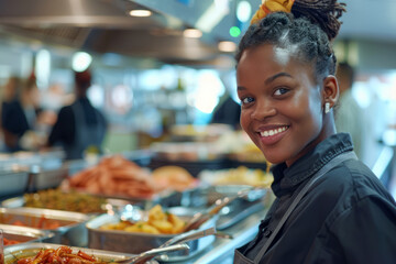 A happy Afro-American waitress serves guests during buffet breakfast in the hotel restaurant, exuding warmth and hospitality as she looks at the camera with a smile.