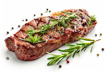 Juicy medium-rare steak slices with fresh rosemary and a mix of peppercorns, expertly cooked and ready to enjoy.