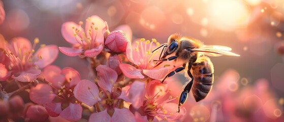 Bees pollinate flowers in orchards enhancing crop yield and supporting natural farming. Concept Farming, Bees, Pollination, Orchards, Natural Agriculture - obrazy, fototapety, plakaty