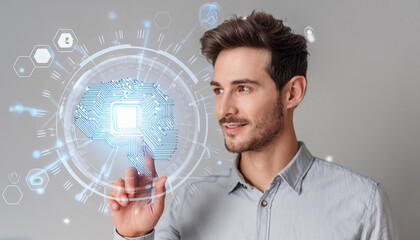 Cognitive Exploration: Professional Man Demonstrating Brain Function with Scissors, Showcasing Expertise in a Digital Presentation