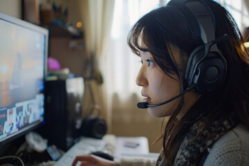 A Japanese woman, wearing a headset, focuses on her computer screen while working remotely from home, showcasing concentration and determination in her tasks.