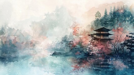 japanese landscape in watercolor with a fairy garden feel and a muted color palette - obrazy, fototapety, plakaty