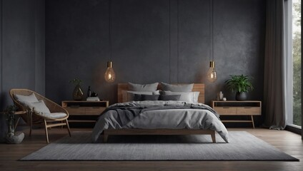 Contemporary gray-toned bedroom interior mockup, presented in a render for realistic visualization.