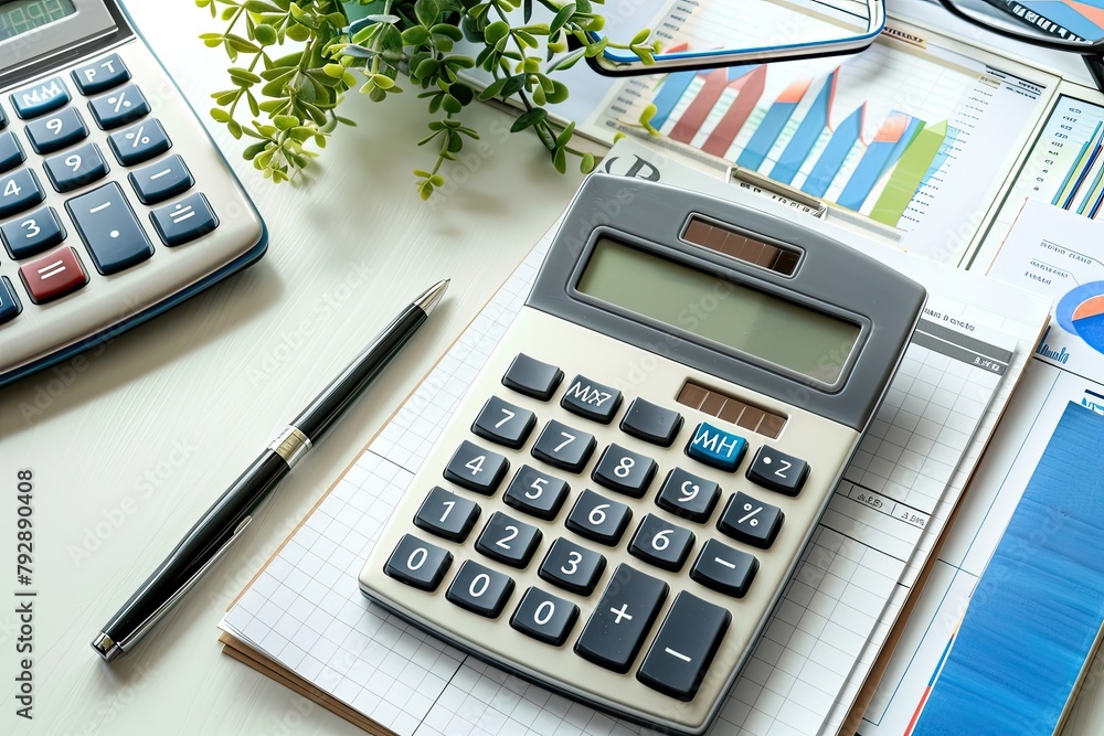 Poster a calculator sits on a table next to a pen and a piece of paper with graphs on it