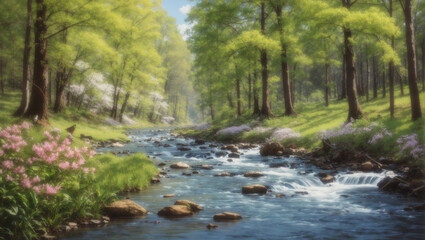 babbling brook flowing through a lush green forest - obrazy, fototapety, plakaty