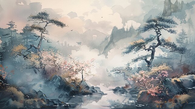 japanese landscape in watercolor with a fairy garden feel and a muted color palette