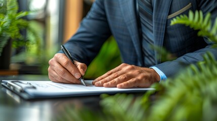 Businessman using stylus pen to sign on electronic document on digital tablet on tablet and virtual notepad on virtual screen. - obrazy, fototapety, plakaty