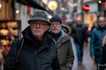 Portrait of an elderly man in a hat walking in the city